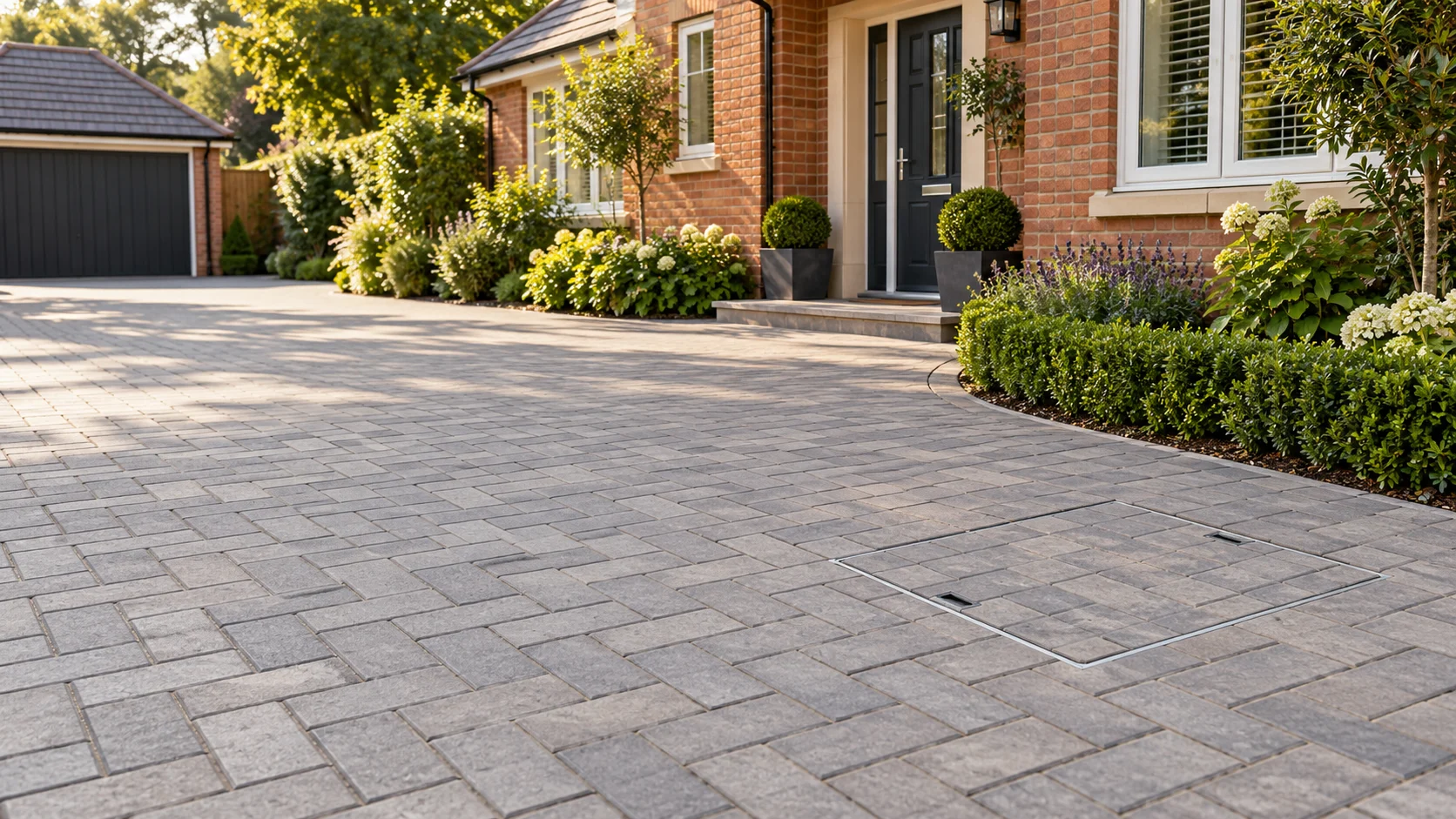 Illustrative scene of a recessed paving cover blending into a finished driveway beside a brick home